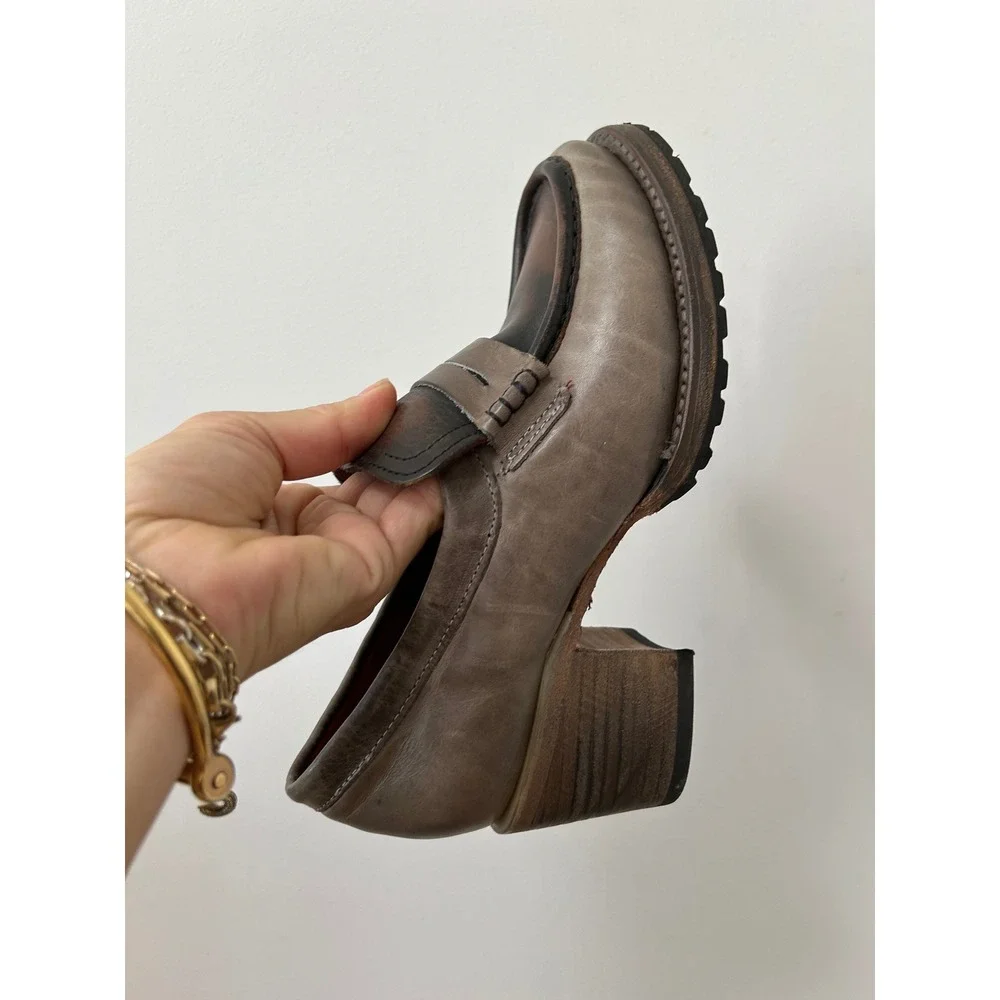 Freebird by Steven Bristol Penny Loafer Block Heels Women 7 Grey Brown Leather